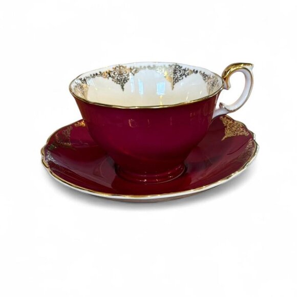 Crown Staffordshire Other - Vintage Staffordshire Bone China Burgundy Gold Teacup Saucer